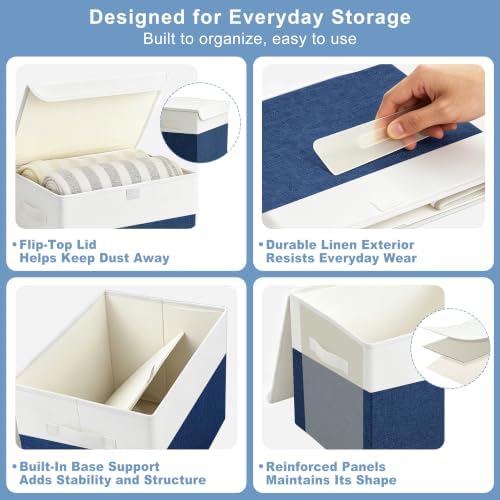 Large 17" 42 Quarts Collapsible Stackable Storage Bins with Lids [3-Pack] Foldable Fabric Linen Storage Boxes Cube, Closet Organizer Baskets with Label for Home (16.7 x 12 x 12", Navy Blue & White)