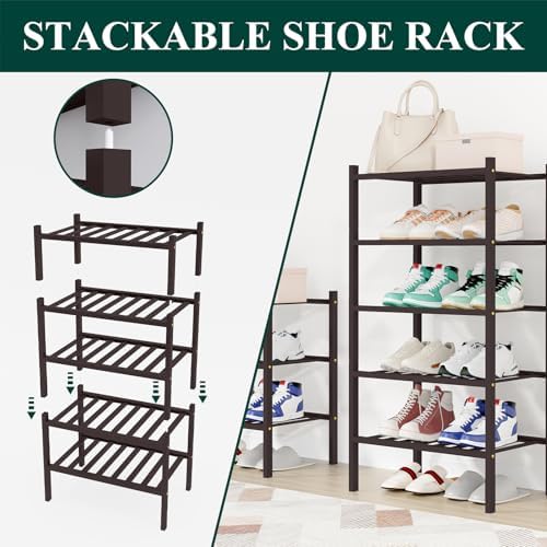 Smiry Bamboo Shoe Rack, 8 Vertical Slats, 2 Tier - 17.3" Wide, Brown