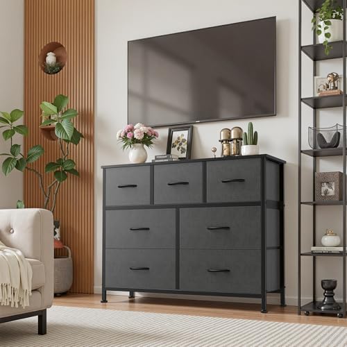 Sweetcrispy 7 Drawer Dresser for Bedroom Storage with Fabric Bins, Gray