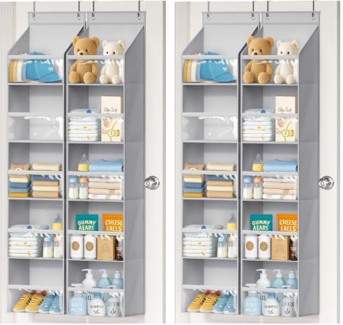 AOODA 4 Pack Over the Door Organizer, Large Capacity Closet Door Hanging Organizer, Clear Deep Pockets Baby Organizer Storage for Nursery, Bathroom, Bedroom, Pantry, Diapers (Grey)