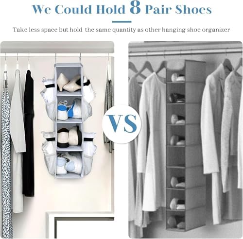SLEEPING LAMB Short Hanging Shoe Organizer for Closet Storage with Mesh Side Pockets Holds 8 Pairs, Hanging Shoe Rack Hanger RV, Camper, Grey (Pack of 2)