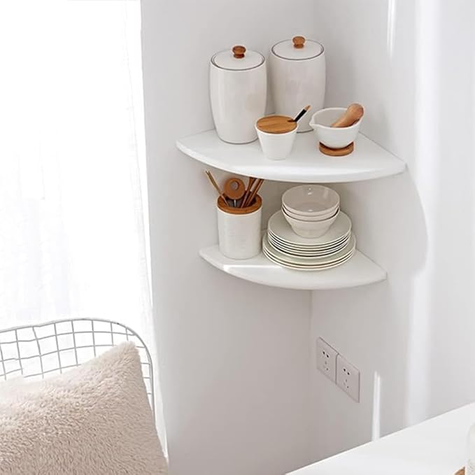 Corner Shelf, White Floating Corner Shelf, Set of 2 7inch Solid Oak Wood Corner Wall Shelves, Round End Wall Mount Display Shelf with Wire Hole for Small Plant for Bedroom Kitchen, Living Room