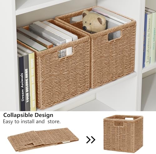 Vagusicc 13 inch Wicker Storage Basket, Set of 2 Handwoven Wicker Baskets for Organizing, Foldable Square Storage Cubes, Large Cube Storage Bins for Shelves, Bathroom, Natural