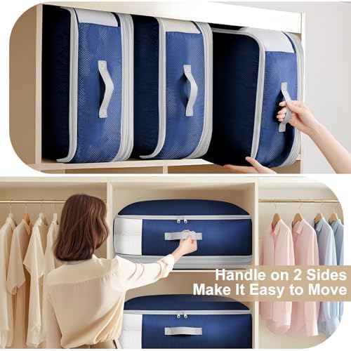 Comforter Storage Bag - Large Capacity Blanket Storage Bags 4-Layer Ultra Space Saving Self Compression Organizer, Washable Compression Bags for Storage Comforter Blanket, 2-Pack, Navy Blue