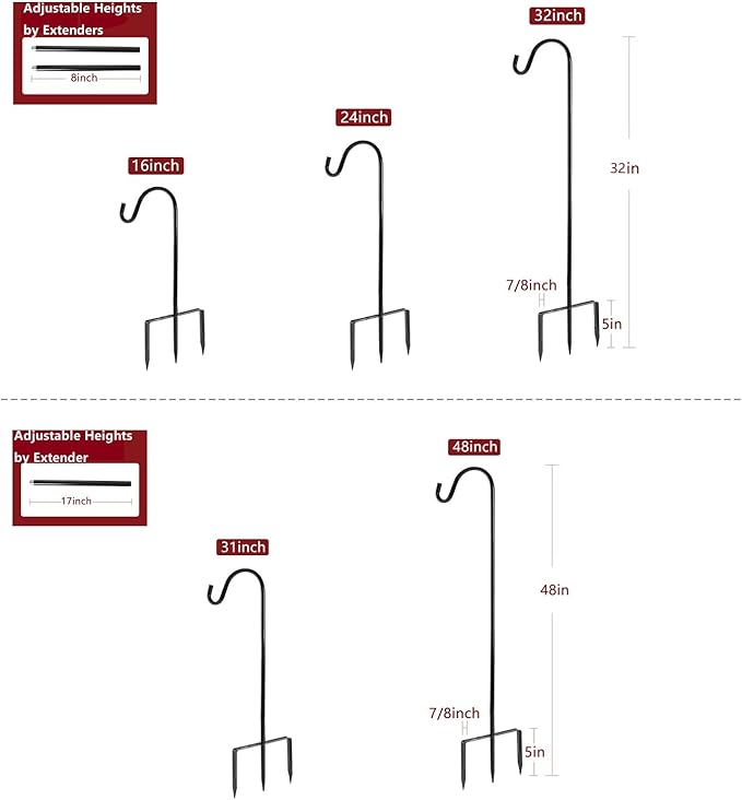 EXCMARK Shepherd Hook Adjustable Height 32/24/16’’ 1/2 inch Thick Use at Weddings, Hanging Solar Lights, Lanterns, Bird Feeders, Metal Hanger Hook (Black,32inch). U.S. Patent.