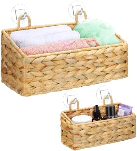 Tioncy 2 Pcs Hanging Wall Baskets for Storage, Boho Style Water Hyacinth Woven Baskets with 4 Hooks for Kitchen, Garden, Living Room