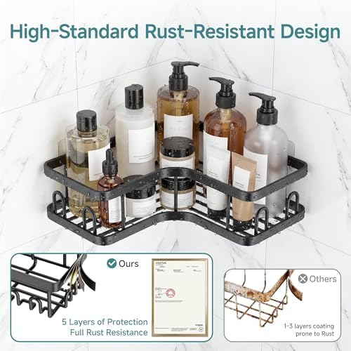 Veken Large Capacity Corner Shower Caddy 6-Pack, Advanced Rustproof Design | No Drilling Adhesive Shelves, High-Load Rack with Soap Dishes & Toothbrush holder, Bathroom Organizers and Storage, Black