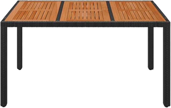 vidaXL Black Poly Rattan Patio Table with Acacia Wooden Top, Weather Outdoor Garden Furniture, Easy Assembly, Durable & Stable, Ideal for Patio, Garden & Outdoor Spaces, Size: 59.1"x35.4"x29.5"
