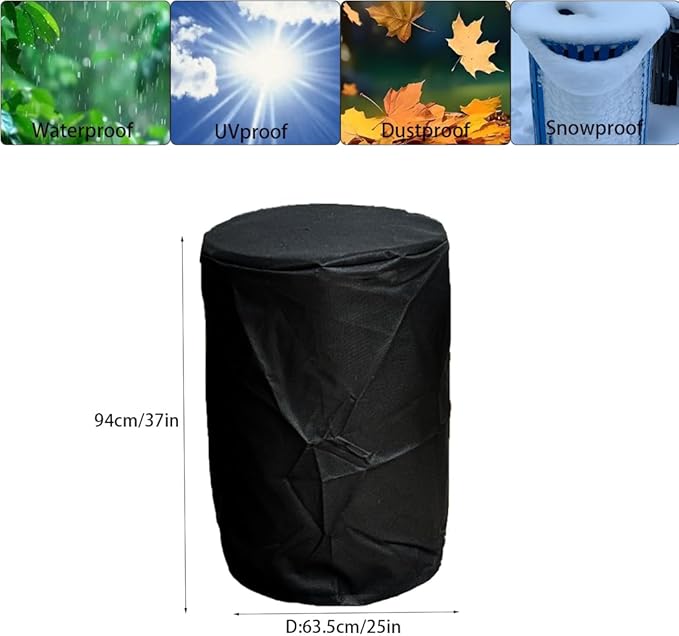 55 Gallon Drum Cover 25x37in Waterproof Storage Barrel Universal Rain Barrels Cover UV Full Protection for Patio Lawn Garden Rain Barrels Accessories (Black)