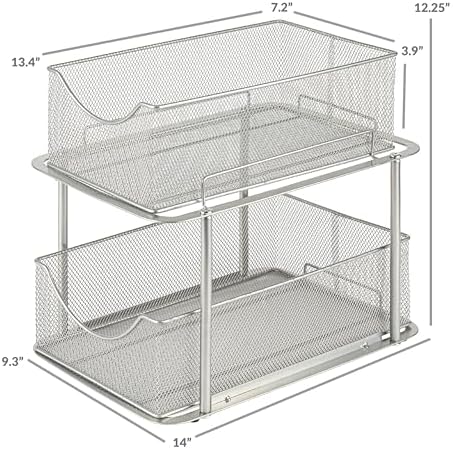 Sorbus Pull-Out Under Sink Organizer, Mesh Construction (Silver, 1 Pack) | Two-tier metal organization with strong steel and sliding drawers for bathrooms, kitchens, cabinets, closets and pantries.