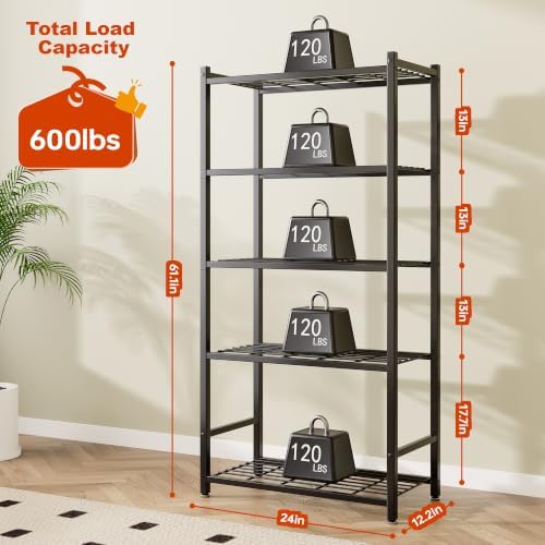 Storage Shelves, 5-Tier Metal Shelving Unit with 120 lbs Per Shelf, Leveling Feet, Storage Rack for Garage, Kitchen, Pantry, Closet, 24" x 12.2" x 61.1", Black
