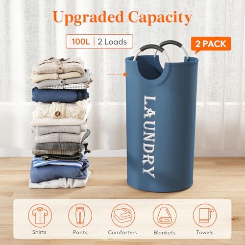 Lifewit 2 Pack 100L Laundry Basket with Aluminum Handles, Blue | Collapsible Large Laundry Hamper, Waterproof Fabric, Freestanding Dirty Clothes Hampers for Dorm, RV, Bedroom, Laundry Room