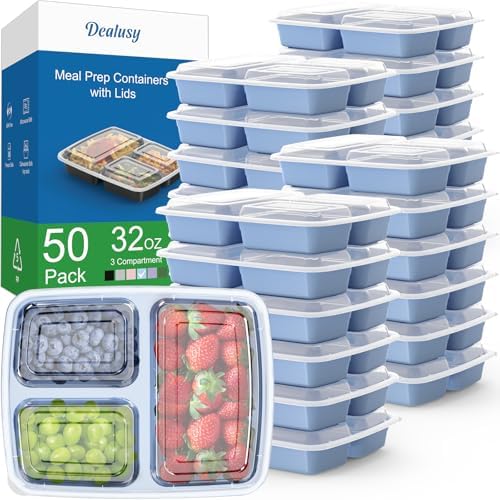 Dealusy 50 Pack 32 oz Meal Prep Containers with Lids 3-Compartment, Blue
