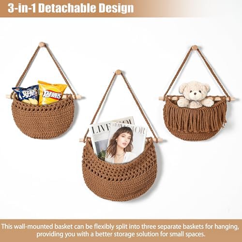 Halidali 3 Tier Hanging Fruit Baskets for Kitchen, Boho Cotton Rope Handwoven Vegetable Hammock Produce Storage Wall Mounted Large Organizing Basket for Farmhouse Decor, Onion, Potato (Caramel)
