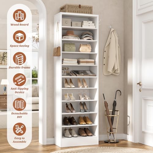 Aheaplus 10 Tiers Narrow Wood Shoe Rack, Tall Shoe Storage Cabinet, White