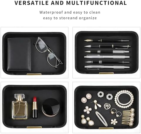 Luxury Leather Valet Tray Desktop Storage Organizer,Bedside Vanity Catchall Tray Nightstand Caddy Holder for Cosmetic,Jewelry,Watch,Keys,Phone,Wallet,Remote Controller,Pen,Black