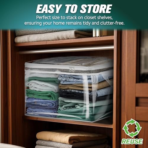 HIBAG 10 Gallon Large Storage Bag for Clothes, Zipper Clothing Storage Bag, Clear Organizer with Reinforced Handles, for Closet and Underbed Storage (4 Pack)