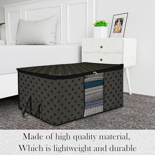 Kuber Industries (Pack of 2) Underbed Storage Bag | Golden-Dot | Large Blanket Organizer | Clothing Storage Bag | Clear Window & Handle Storage Bag | Kambal Storage Bag | Black