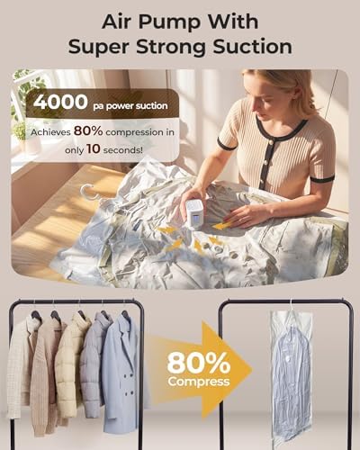 BAGSMART Hanging Vacuum Storage Bags For Clothes, Hand Pump Included