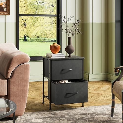 WLIVE Black Nightstand Set of 2, Night Stand with 2 Fabric Drawers, Small Dresser for Bedroom, Bedside Tables for Small Spaces, Dorm, Wood Top