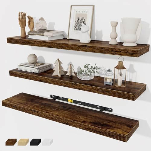 Fun Memories 32 Inch Floating Shelves Wall Shelf Set of 3, Rustic Farmhouse Home Decor Kitchen Living Room Shelves Wall Mounted, 32 x 6.7 x 1.4 Inch, Rustic Brown