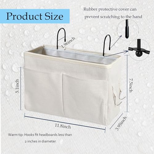 Bedside Caddy Organizer - Bedside Hanging Storage Bag with Hooks, Dorm Essentials Caddy for Bunk Bed & Dorm Bed Rails, Holds Books, Phones, Tablets, Glasses, Water Bottles & More (White 2 Pack)