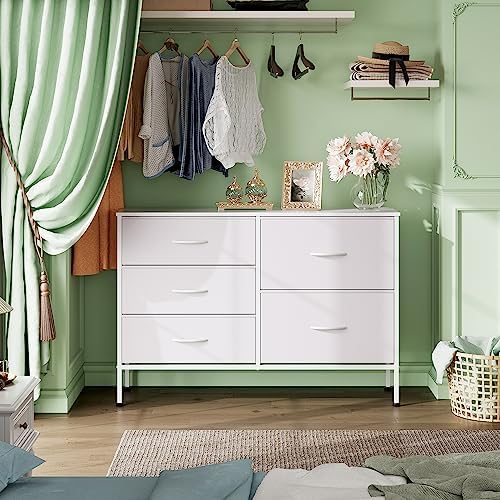 WLIVE 5 Drawer White Fabric Dresser for Bedroom, Wide Storage Chest