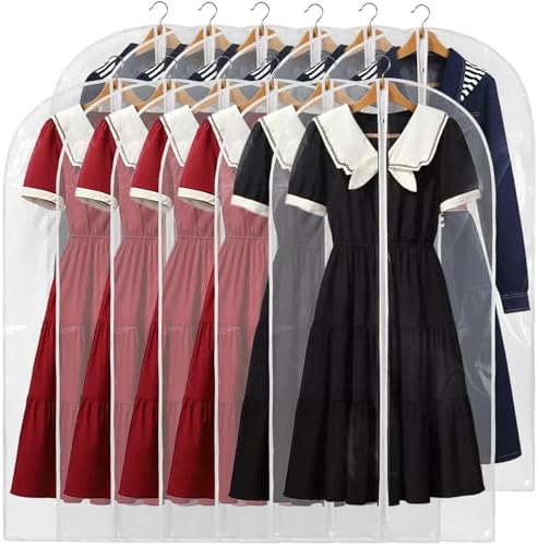 48" All Clear Garment Bags for Hanging Clothes, 12 Packs Suit Bags for Closet Storage, Plastic Waterproof Suit Cover Bags with Zipper for Coats, Jackets, Shirts (Set of 12)