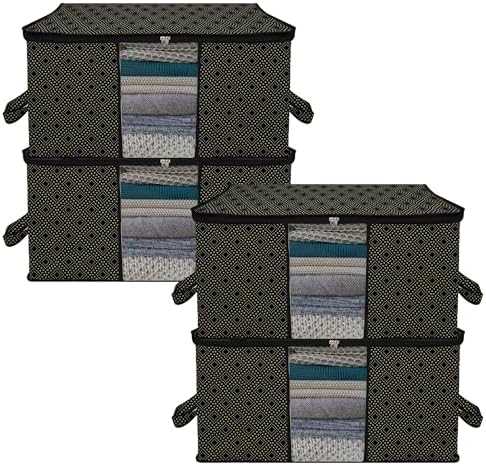 Kuber Industries Underbed Storage Bag (Pack of 4) - Large Blanket Organizer With Clear Window & Handle - Golden-Dot Black Kambal Storage