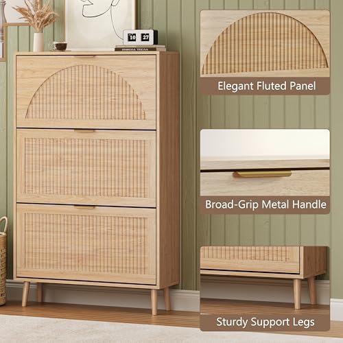 BORNOON Shoe Cabinet for Entryway with 3 Flip Drawers, Slim Wooden Shoe Storage Organizer with Modern Fluted Pannel，Freestanding Narrow Hidden Shoe Rack for Hallway, Foyer, Living Room