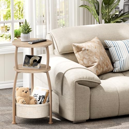 Small Side Table with Storage Basket for Living Room, 11.81in | Round End Table Bedroom, 3-Tier Bedside Table Stand for Entry, Garden, Spaces Saving, Tall 24in, Farmhouse Light Oak