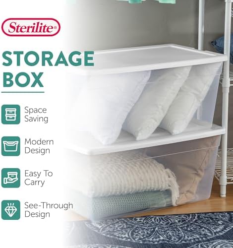 Sterilite Storage Box, Stackable Clear Plastic Bins, 90 Quart, 12-Pack | Heavy-Duty Organizing Containers with Snap-On Lids for Closet, Bathroom, and Office