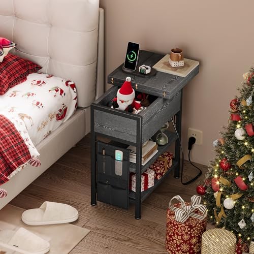 End Table with Charging Station, Flip Top Nightstand with USB Ports and Outlets,Couch Side Table with Fabric Bag and Hooks, Bedside Table for Space Saving, Living Room, Bedroom (Grey)
