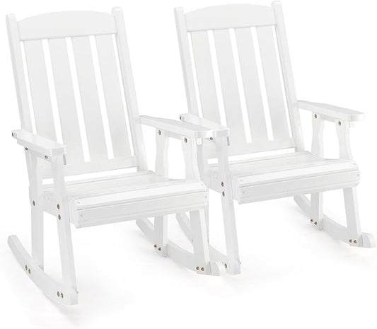 VINGLI Outdoor Rocking Chair, Heavy Duty 600 LBS Wooden Rocking Bench with Comfortable Backrest, Weatherproof Patio Rocker with Ergonomic Design, Wood Rocking Chair for Patio, Garden (White, 2 PCS)