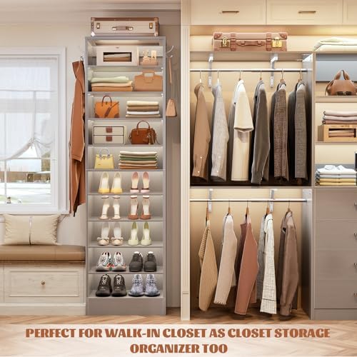 Aheaplus 10 Tiers Narrow Wood Shoe Rack, Tall Shoe Storage Cabinet, Grey