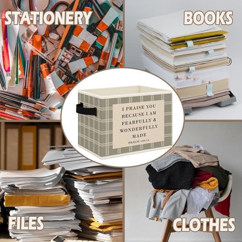 Christian Nursery Foldable Storage Bins Box with Handles, Fearfully and Wonderfully Made Bible Verse Collapsible Toys Books Clothes Organizer Basket for Kids Boys Girls Bedroom Bathroom