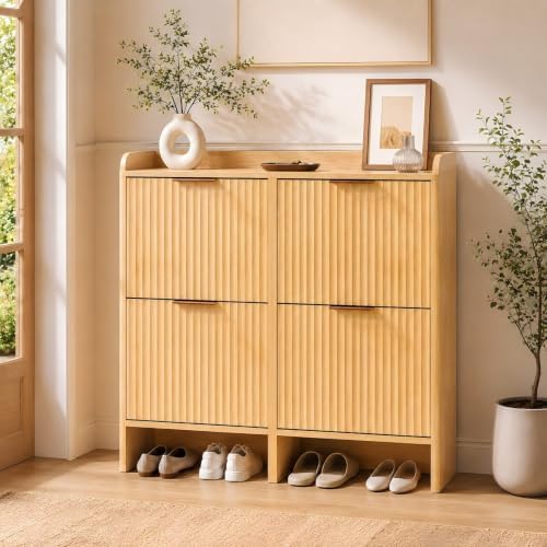 VINGLI 43.5" Large Oak Fluted Shoe Storage Cabinet with 4 Flip Drawers, Slim Entryway Shoe Organizer with Unique Curved Side Panels, Natural Wood Shoe Rack for Hallway, High Capacity Hidden Shoe Shelf