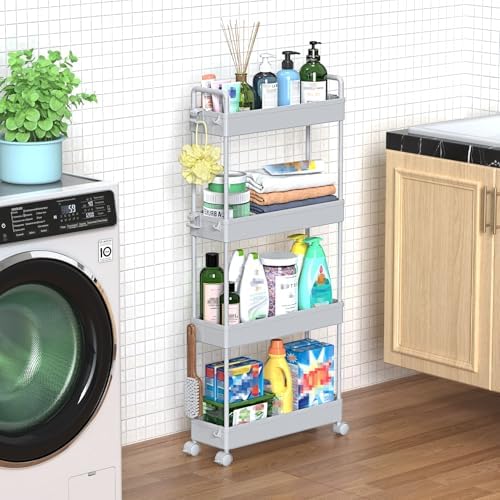 SOLEJAZZ Slim Rolling Storage Cart Skinny Bathroom Organizer, 4 Tier, Gray