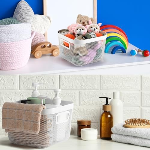 MorningRo 4 Pack Metal Mesh Basket with Hollow Handles White Wire Storage Bin for Organizing Stackable Metal Fine Mesh Basket for Pantry Bathroom Kitchen Cabinets Shelves (Medium)