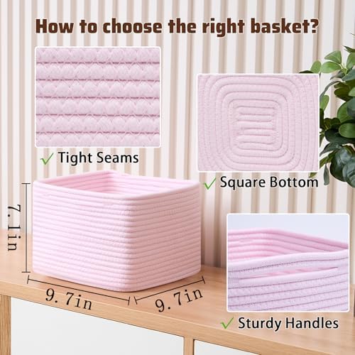 MiniArk Small Organizing Baskets for Cubes Shelf, 9.7x9.7x7.1 Inch Rope Woven Storage Bins for Nursery Shelves Storage, Cute Toy Basket, Square 3 Packs Light Pink