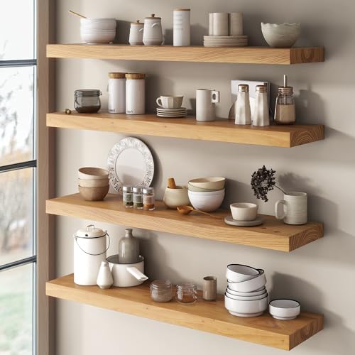 Venusmiles Elm Floating Shelves for Wall Decor, Rustic Solid Wood Shevles Wall Mounted with Invisible Bracket for Living Room Bathroom Bedroom Kitchen, 20 Inch Set of 2, Natural