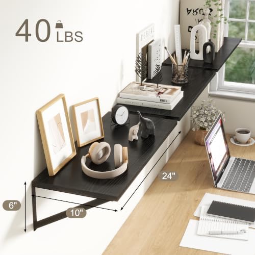 Black Floating Shelves 24 Inch Long, Set of 3, 10 Inch Deep Wall Shelves