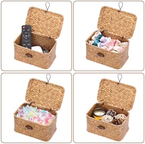 Small Decorative Box Natural Seagrass Box with Lid, 6.1"x 4"x 3.3"