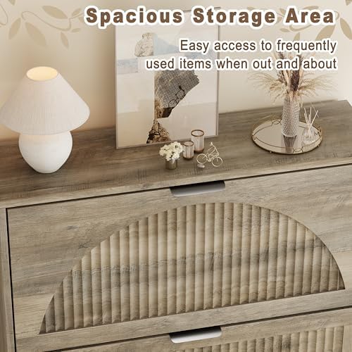 Shoe Storage Cabinet with 3 Flip Drawers, Narrow Wood Shoe Organizer Cabinet with Fluted Panel, Slim Shoe Rack for Entryway, Freestanding Shoe Cabinet for Living Room, Hallway, Grey