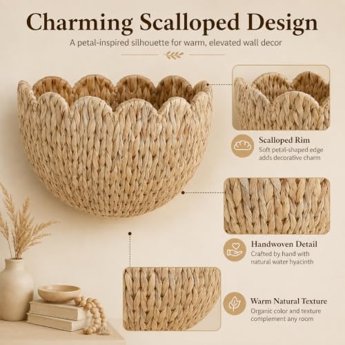 Scalloped Hanging Wicker Baskets for Wall, Scalloped Home Decor, Hanging Woven Rattan Basket for Flowers Front Door Bathroom Storage (Water Hyacinth-Set of 2)