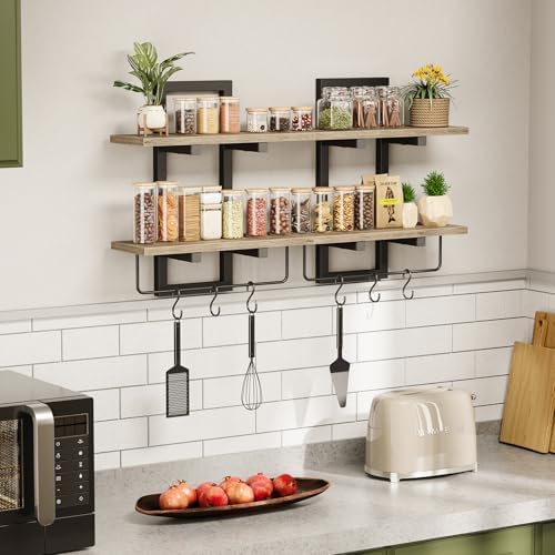 Creso hom Wood Floating Shelf with 6 Hooks, 15" Bathroom Shelves Set of 2