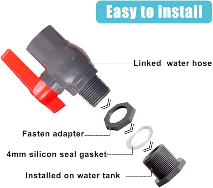 Ququyi 3/4 Inch PVC Rain Barrel Valve Spigot Kit with Ball Valve and Bulkhead Fitting Adapter for Water Tanks, Aquariums, Pools