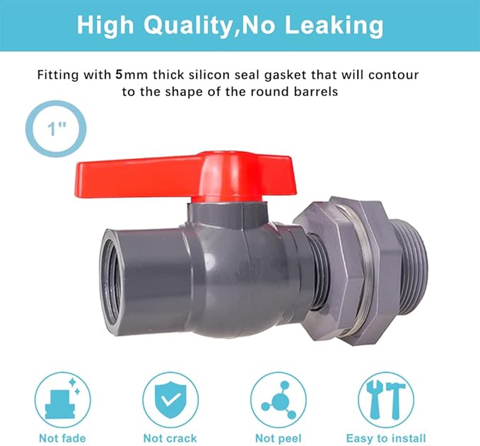 Ququyi 1 Inch PVC Rain Barrel Valve Spigot Kit with Ball Valve and Bulkhead Fitting Adapter for Water Tanks, Aquariums, Pools