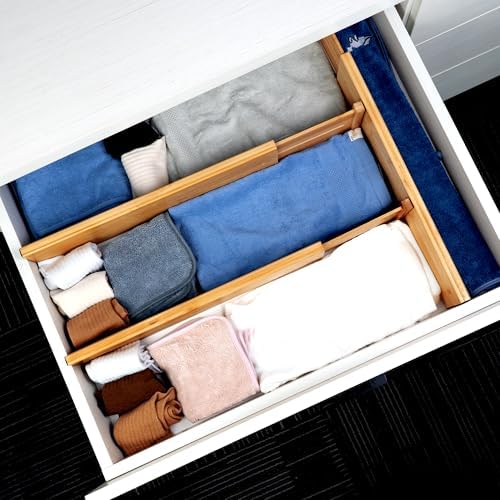 Utoplike Bamboo Drawer Dividers Large, 4" High Kitchen Drawers Organizer | Adjustable, Spring Loaded, Works in Bathroom, Bedroom, Dresser, Office, 4pcs for Clothing, Fit for 18.6"-20.6" Inner Drawer