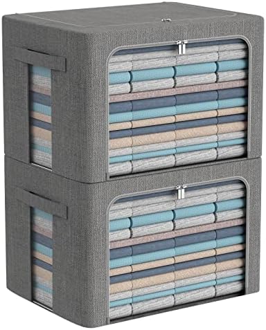 CYhom Extra Large Clothes Storage Bins - Linen Fabric Foldable Stackable Container Organizer Set with Clear Window & Carry Handles & Metal Frame (Dark Gray, Extra Large-100L)